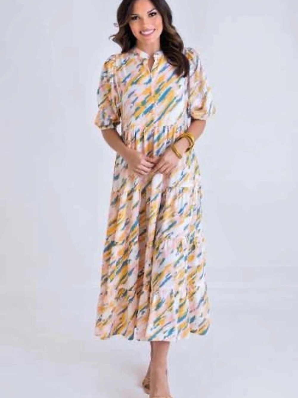 KARLIE Abstract Puff Sleeve Tiered Midi Dress